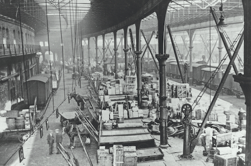 Horse carts backed up against a goods station platform, Newcastle, 1920s. Private collection, B Fawcett.